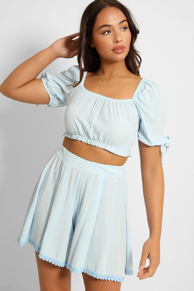 Puff Sleeve Crop Top Pleated Shorts Set