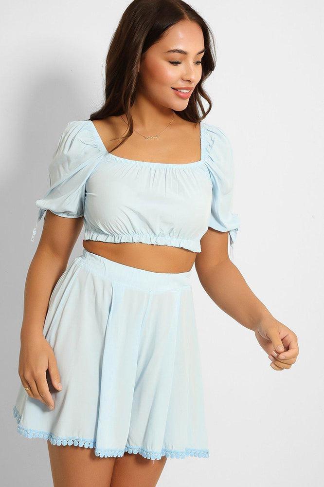 Puff Sleeve Crop Top Pleated Shorts Set