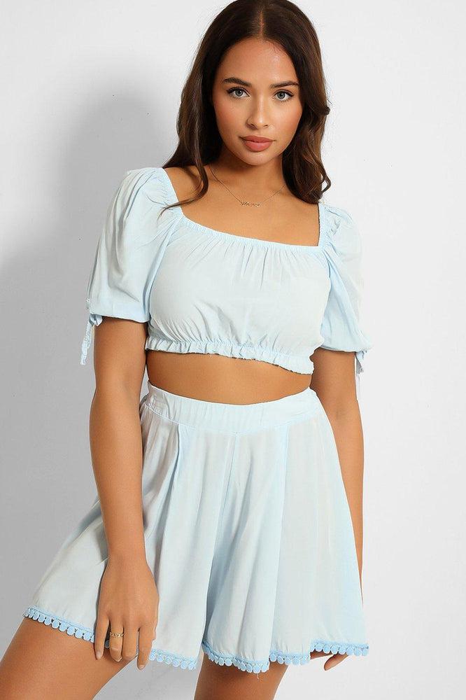 Puff Sleeve Crop Top Pleated Shorts Set