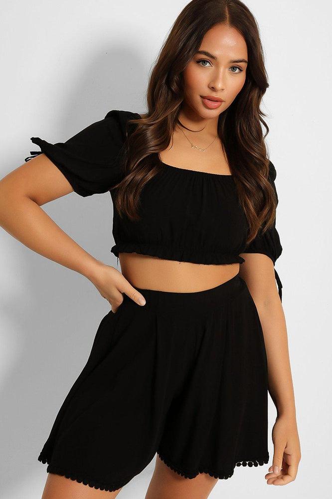 Puff Sleeve Crop Top Pleated Shorts Set