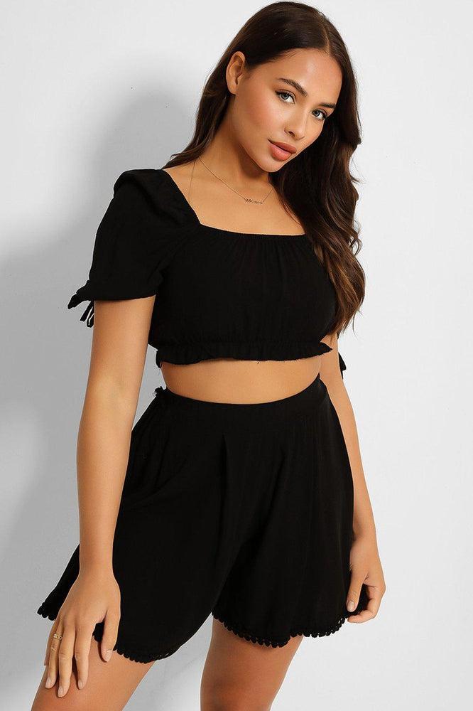 Puff Sleeve Crop Top Pleated Shorts Set