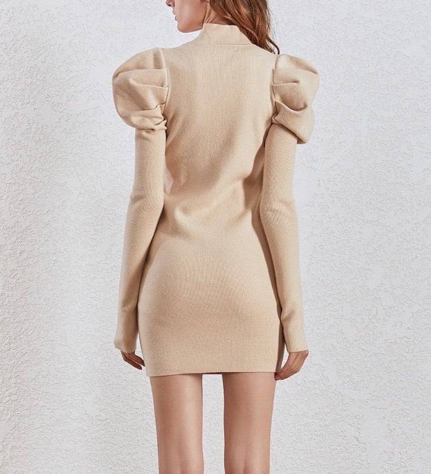 Puff Sleeve Rib Knit Mini Dress Nude