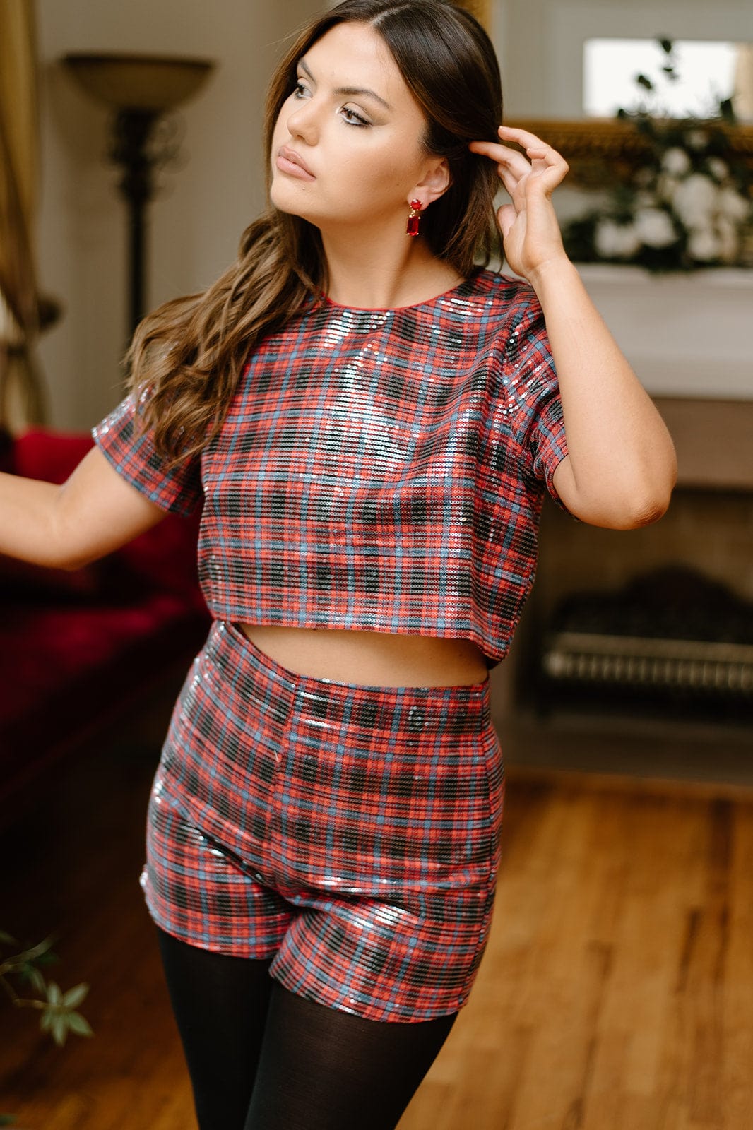 Red Plaid Sequin Shorts and Top Set