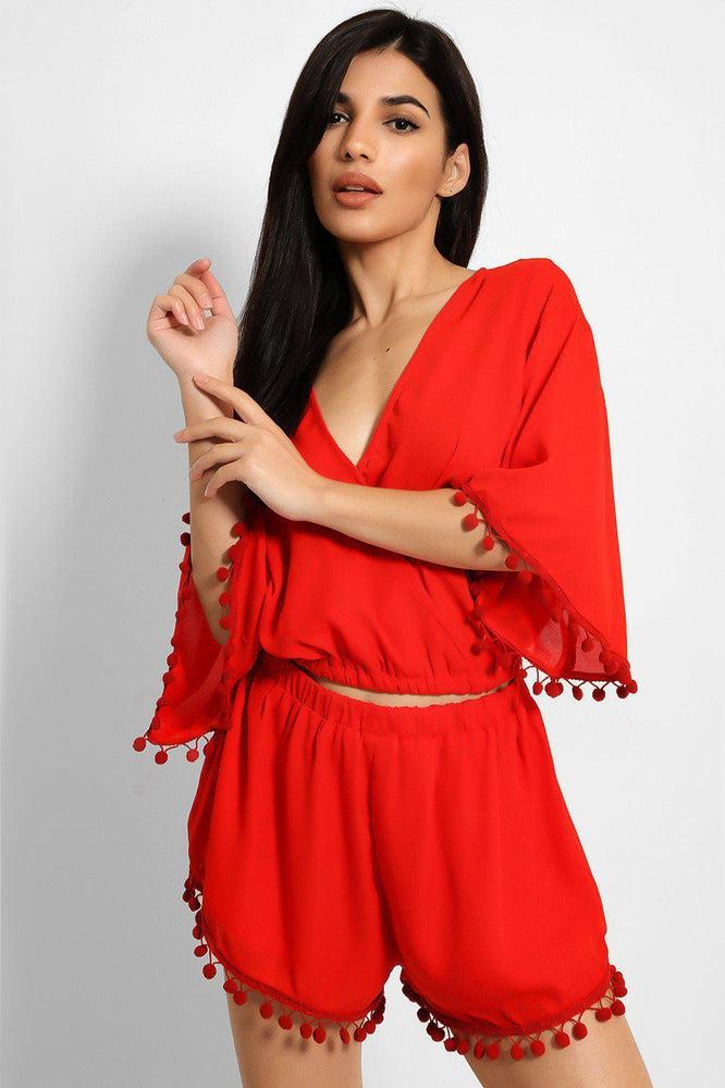 Red Pom-Pom Trim Batwing Top Shorts Set