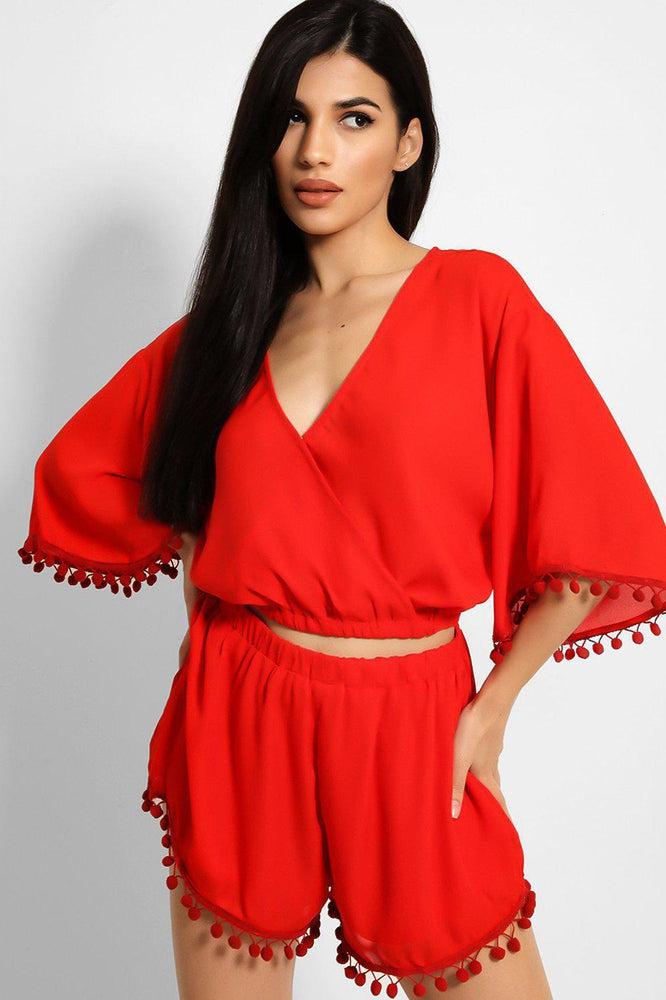 Red Pom-Pom Trim Batwing Top Shorts Set