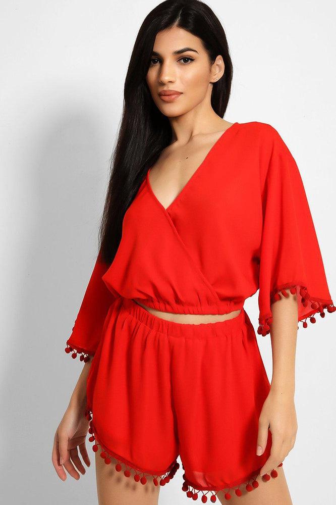 Red Pom-Pom Trim Batwing Top Shorts Set