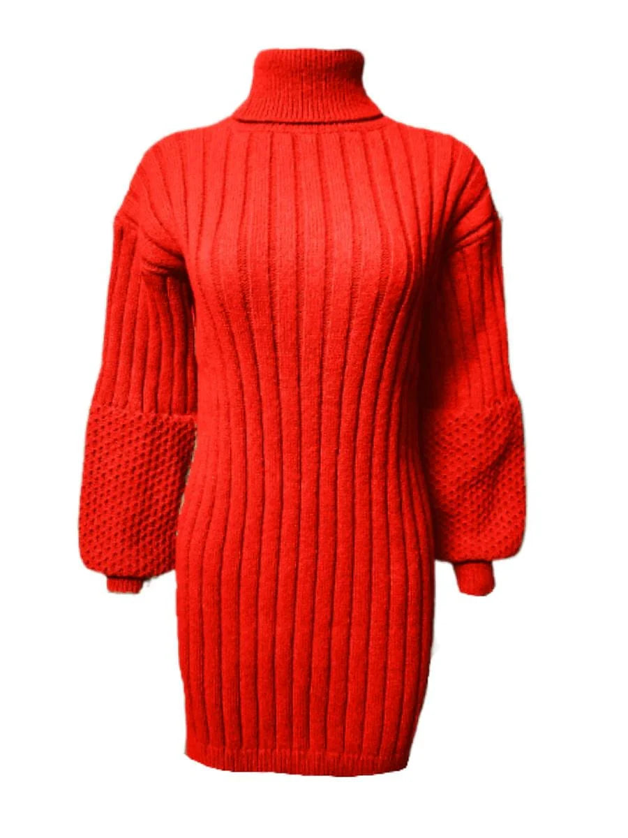 Red Turtleneck Sweater Dress - Long Sleeves - Elegant Design