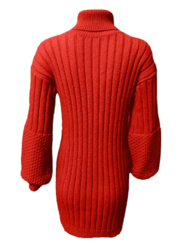 Red Turtleneck Sweater Dress - Long Sleeves - Elegant Design