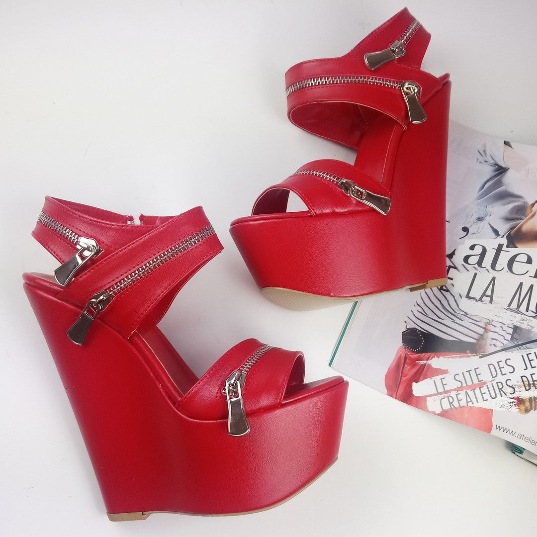 Red Zipper Wedge Sandals