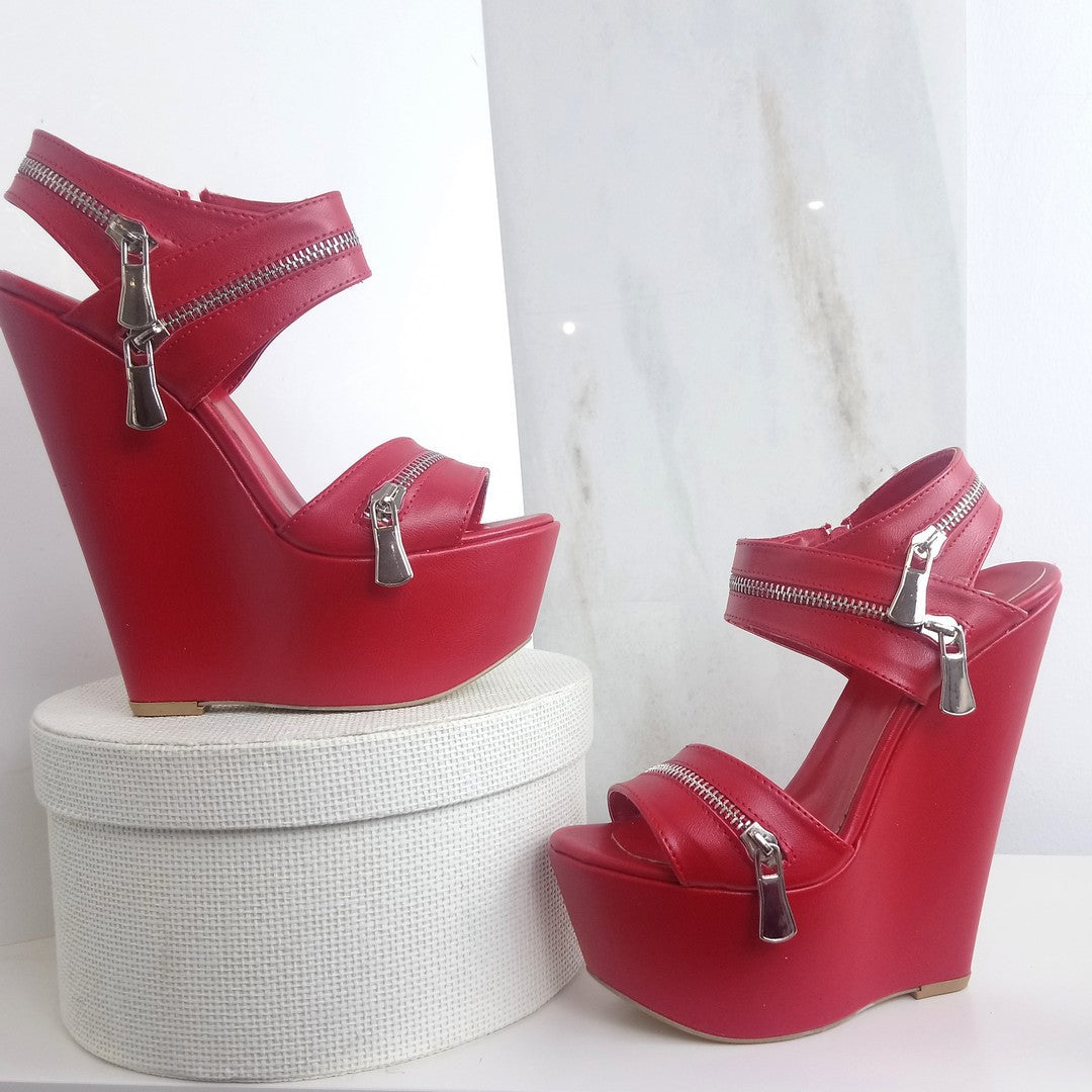 Red Zipper Wedge Sandals