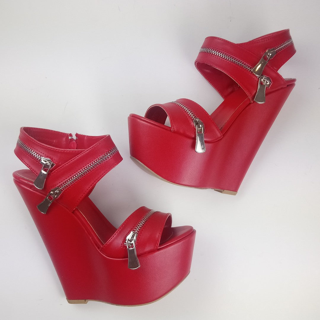 Red Zipper Wedge Sandals