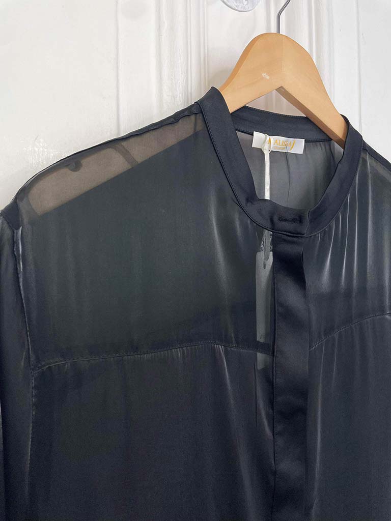 Satin Pocket Sheer Shirt Dress - Black