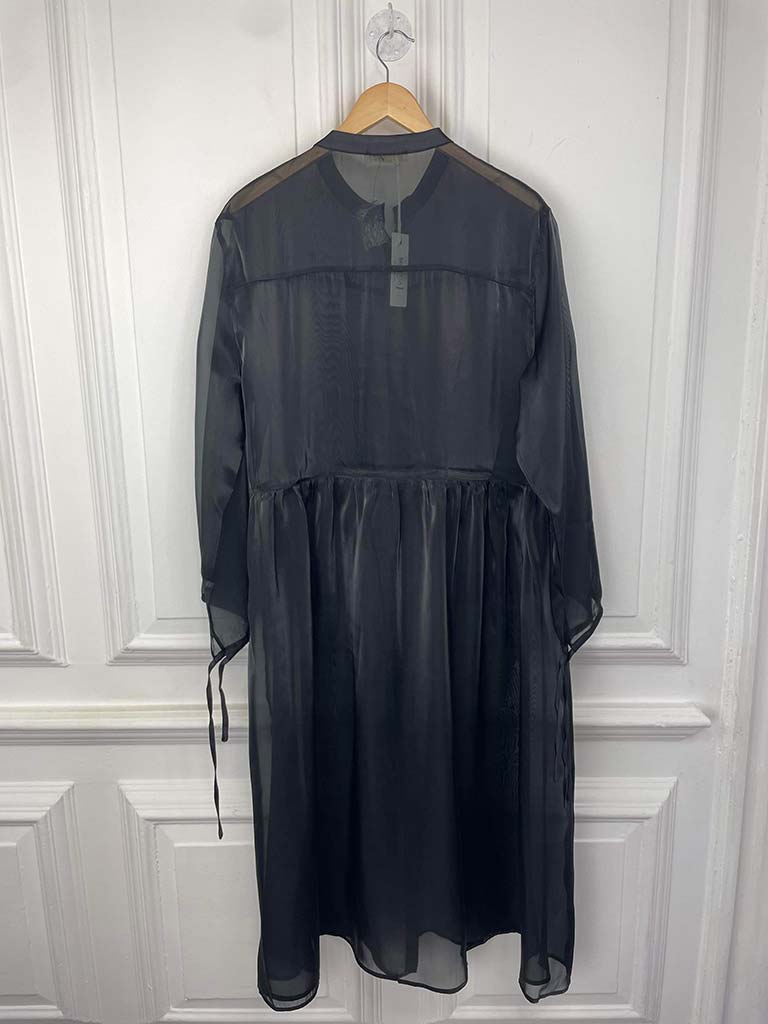 Satin Pocket Sheer Shirt Dress - Black