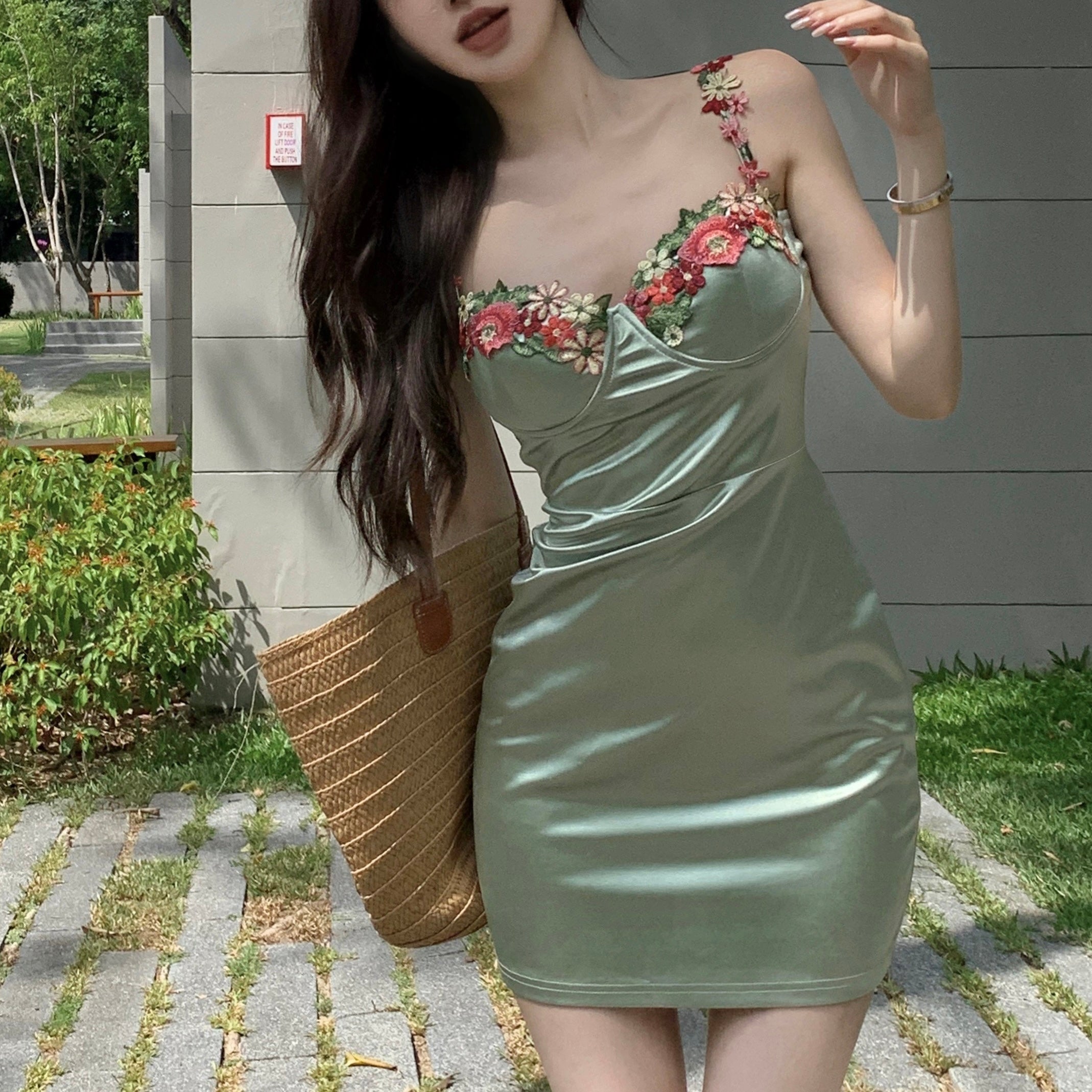 SEO optimization result: Satin Floral Dress in Green