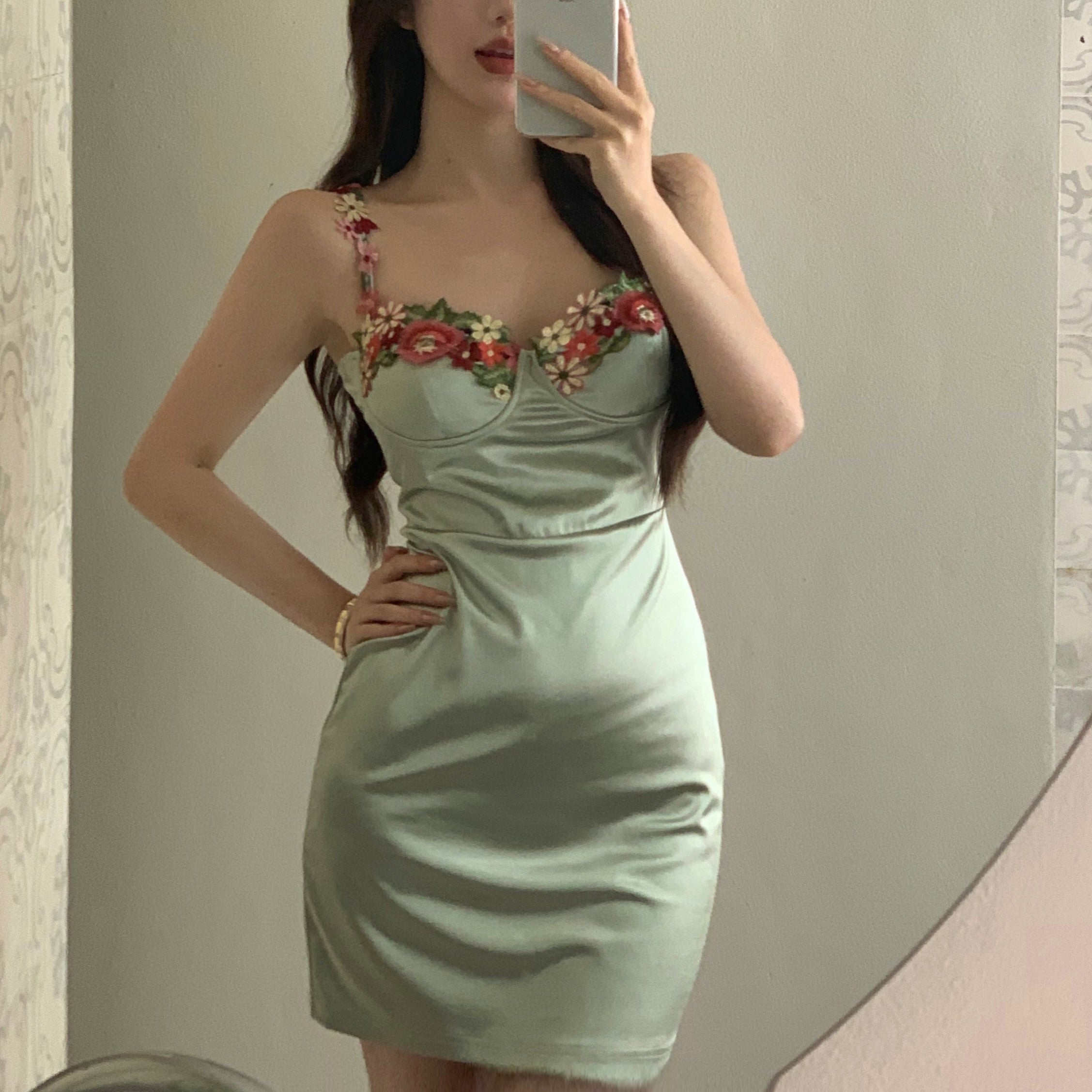 SEO optimization result: Satin Floral Dress in Green