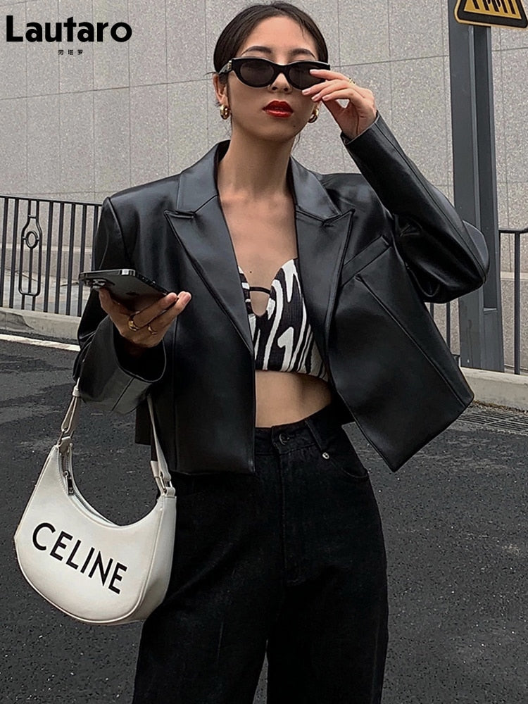 Black Short Leather Jacket - Spring 2022 Women's Fashion Blazer Autumn