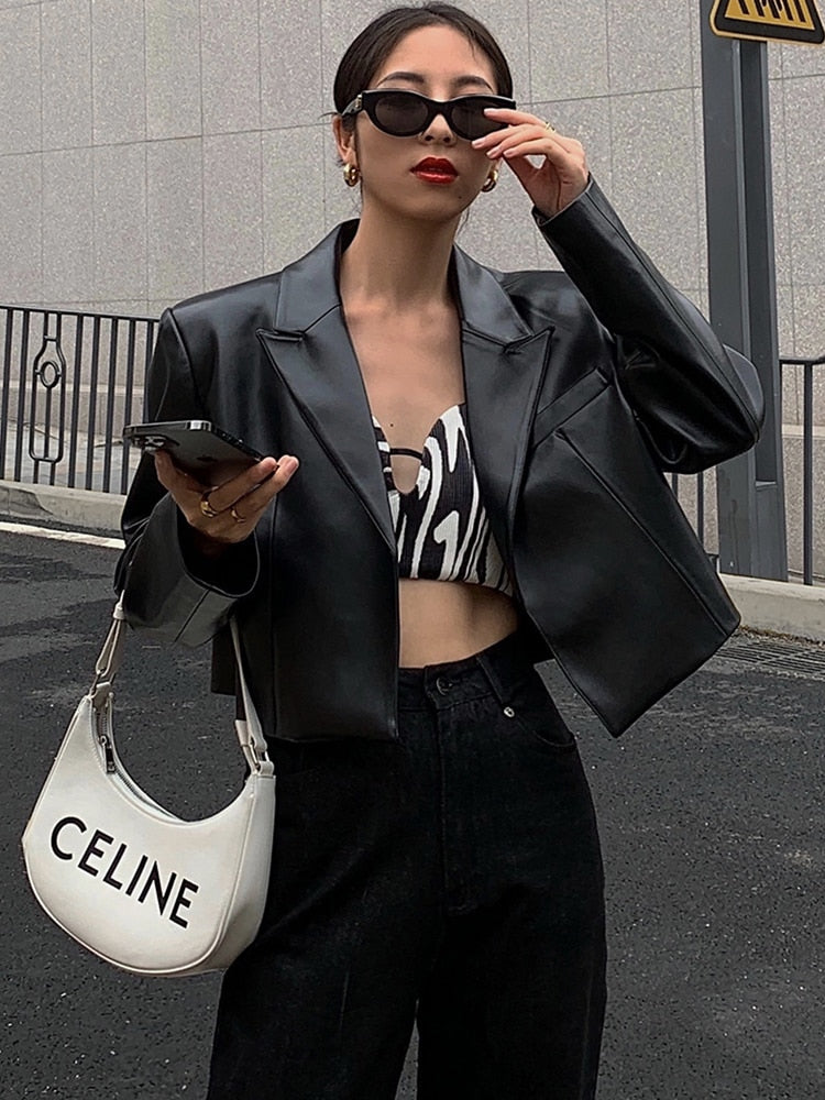 Black Short Leather Jacket - Spring 2022 Women's Fashion Blazer Autumn