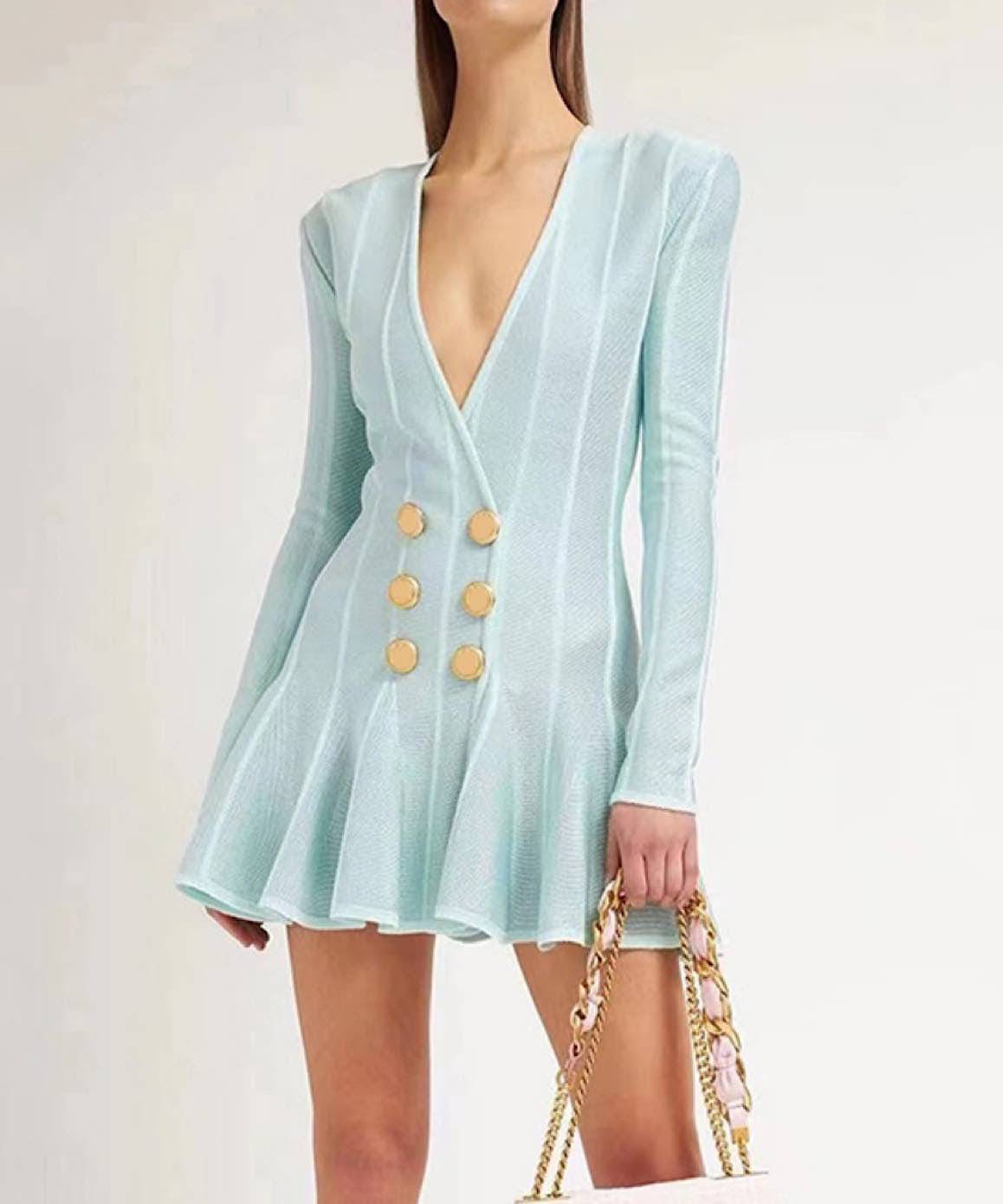 Sky Blue Flared Mini Dress with Deep Cleavage in Knitted Fabric