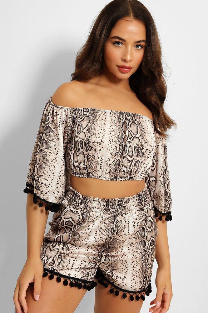 Snake Print Crop Top and Shorts Set with Pom Pom Trim - Shop Now!