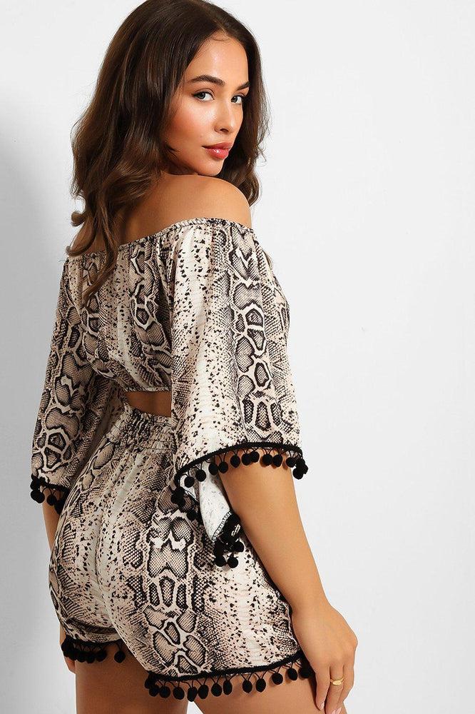 Snake Print Crop Top and Shorts Set with Pom Pom Trim - Shop Now!