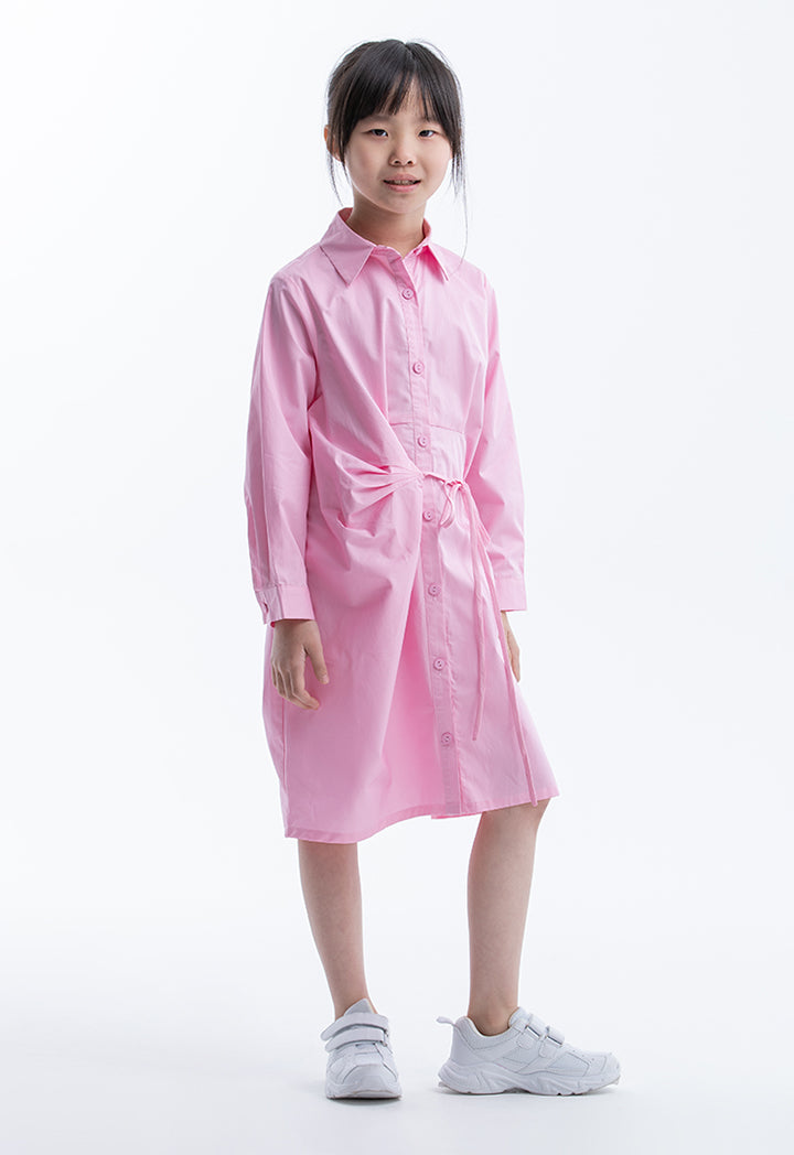 Solid Color Self-Tied Cotton Shirt Dress