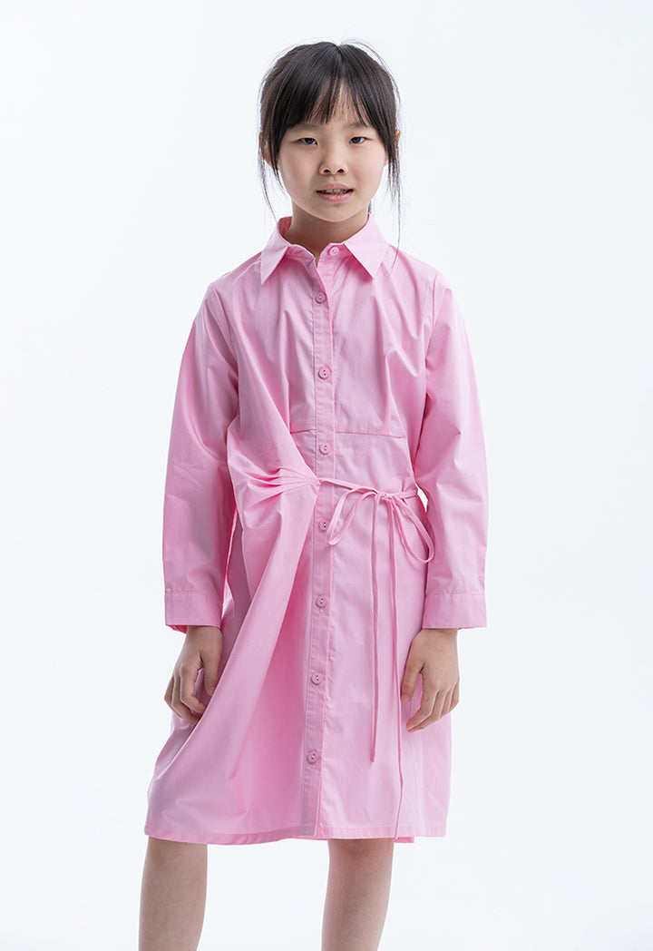 Solid Color Self-Tied Cotton Shirt Dress