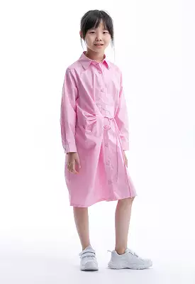 Solid Color Self-Tied Cotton Shirt Dress