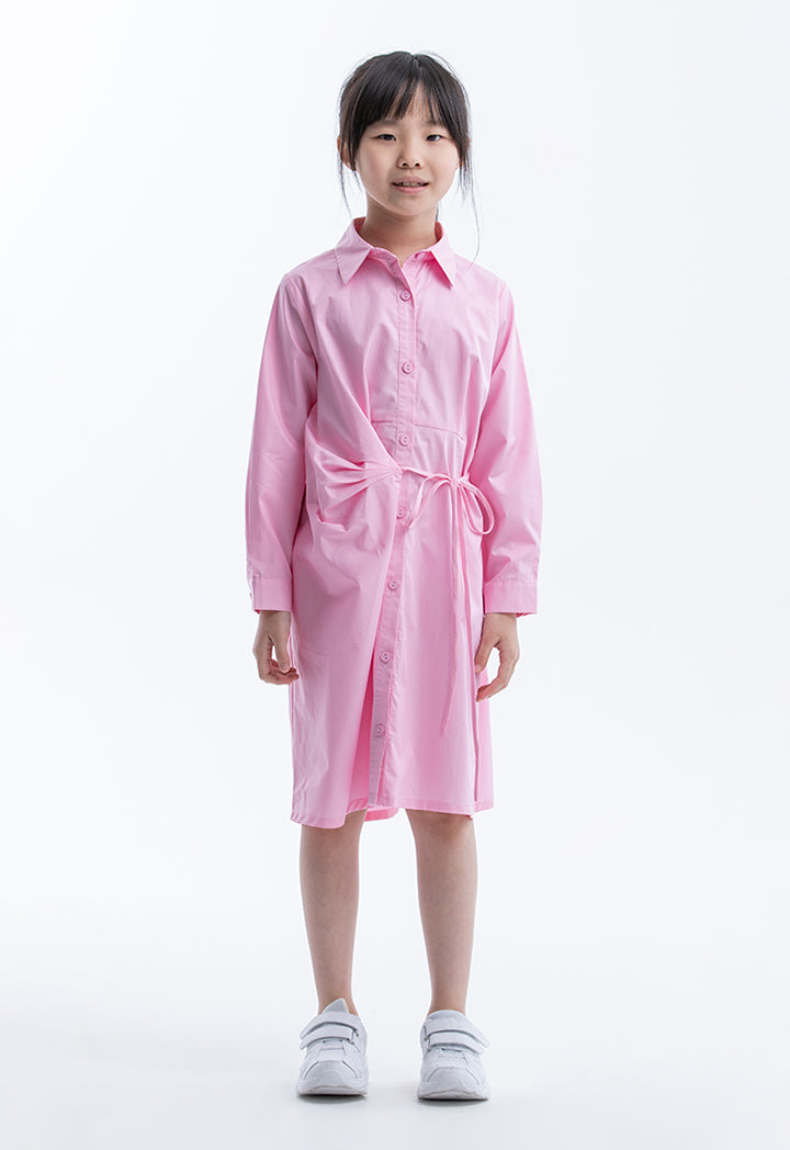 Solid Color Self-Tied Cotton Shirt Dress