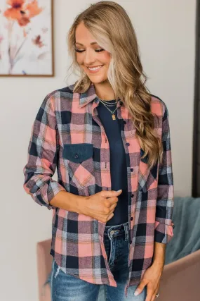 Strike A Conversation Plaid Button Top- Pink & Navy