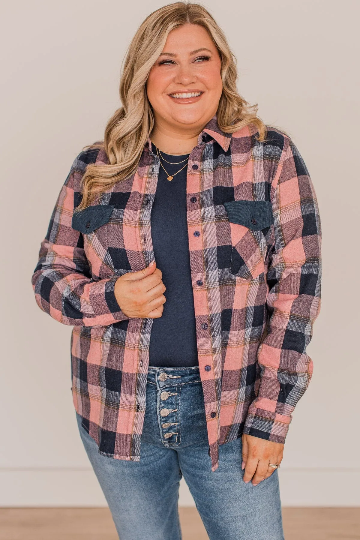 Strike A Conversation Plaid Button Top- Pink & Navy