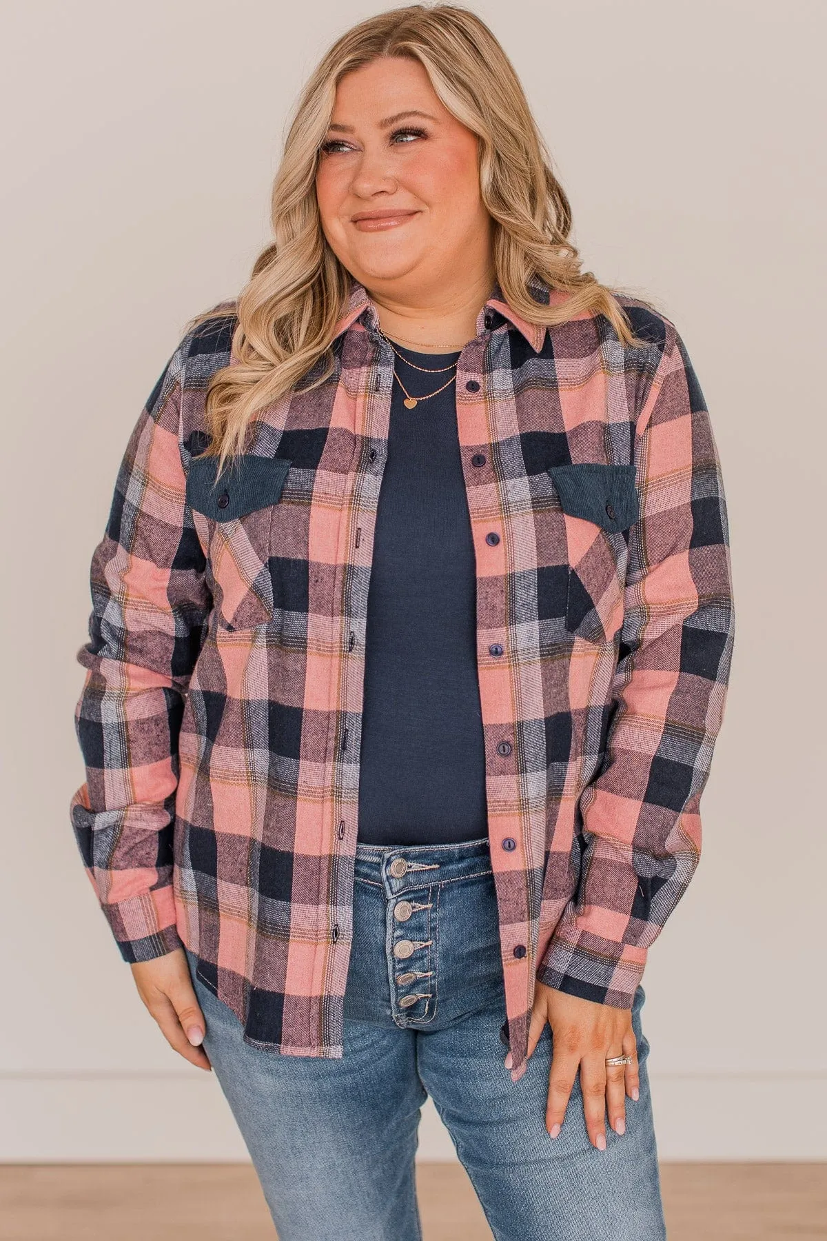 Strike A Conversation Plaid Button Top- Pink & Navy