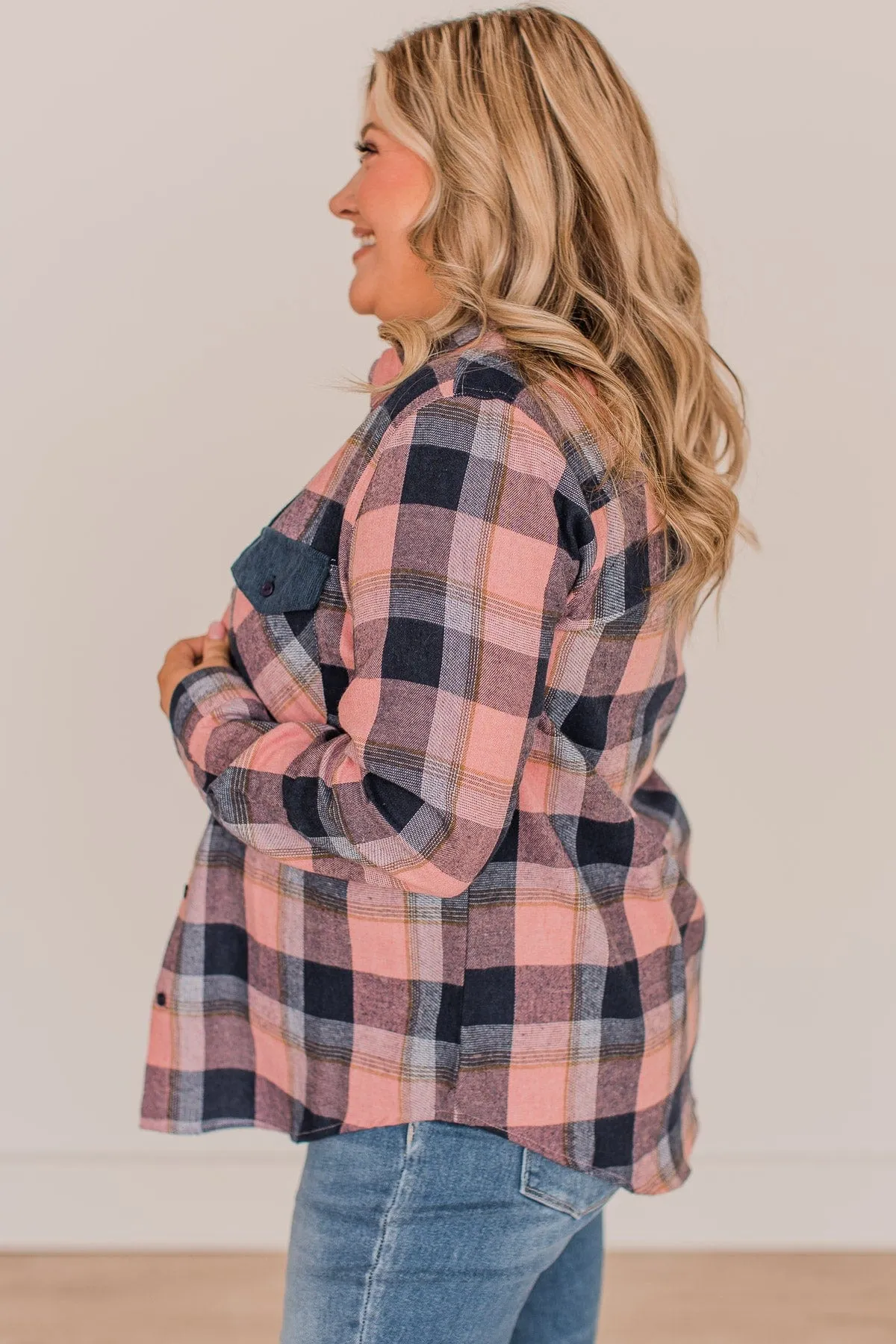 Strike A Conversation Plaid Button Top- Pink & Navy