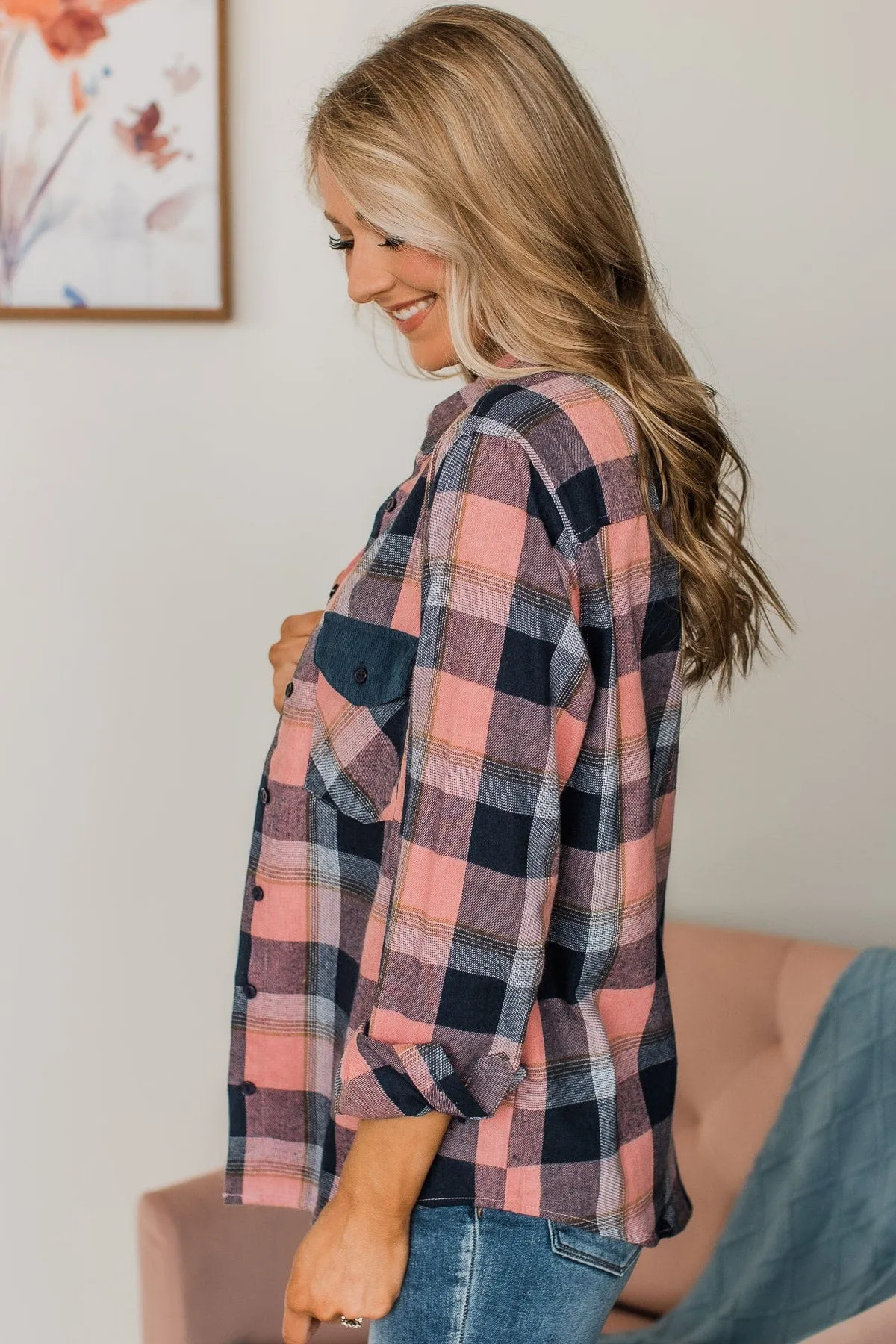 Strike A Conversation Plaid Button Top- Pink & Navy