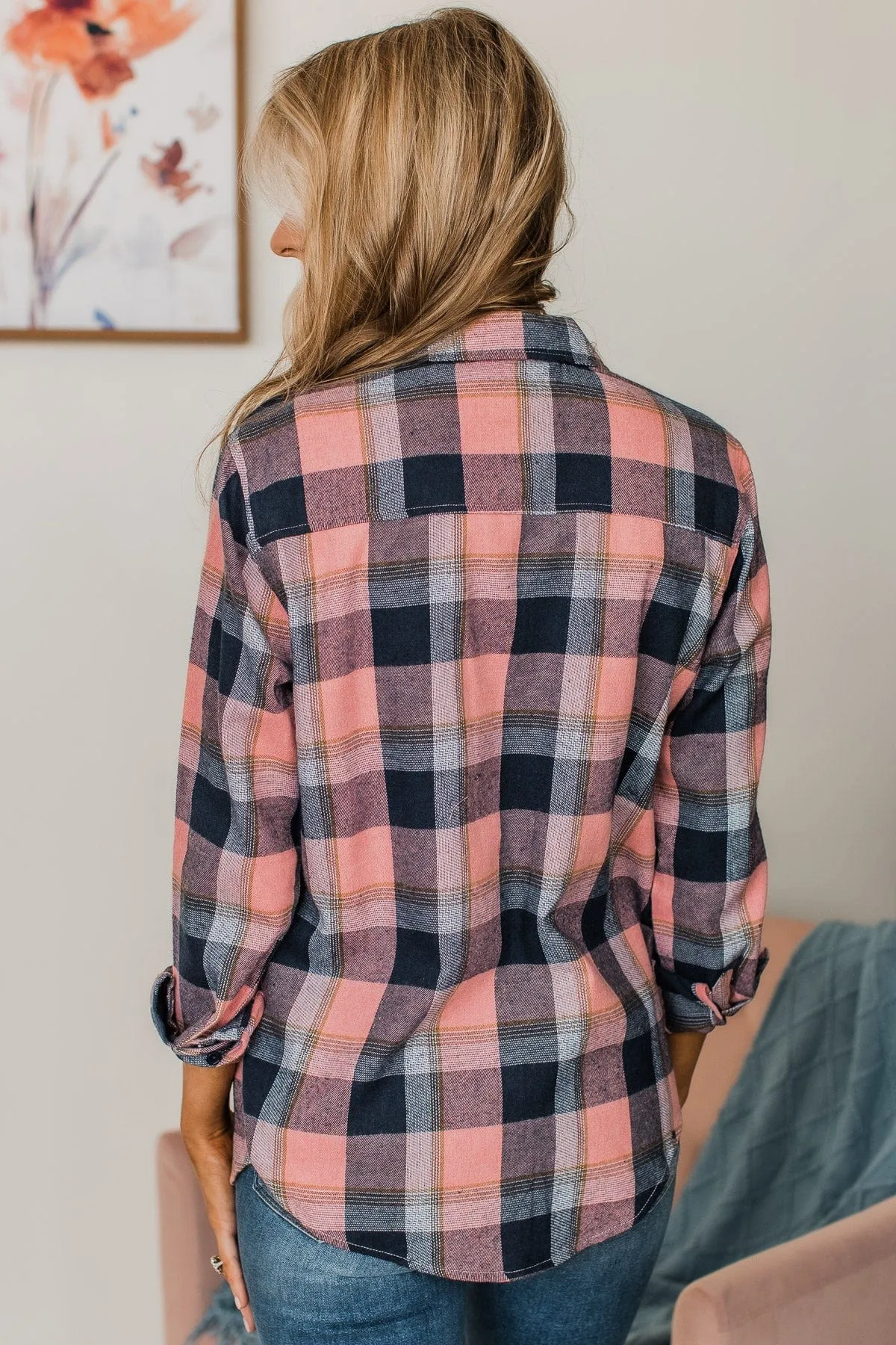 Strike A Conversation Plaid Button Top- Pink & Navy