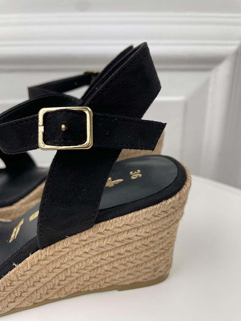 Tamaris black wedge espadrille sandals.