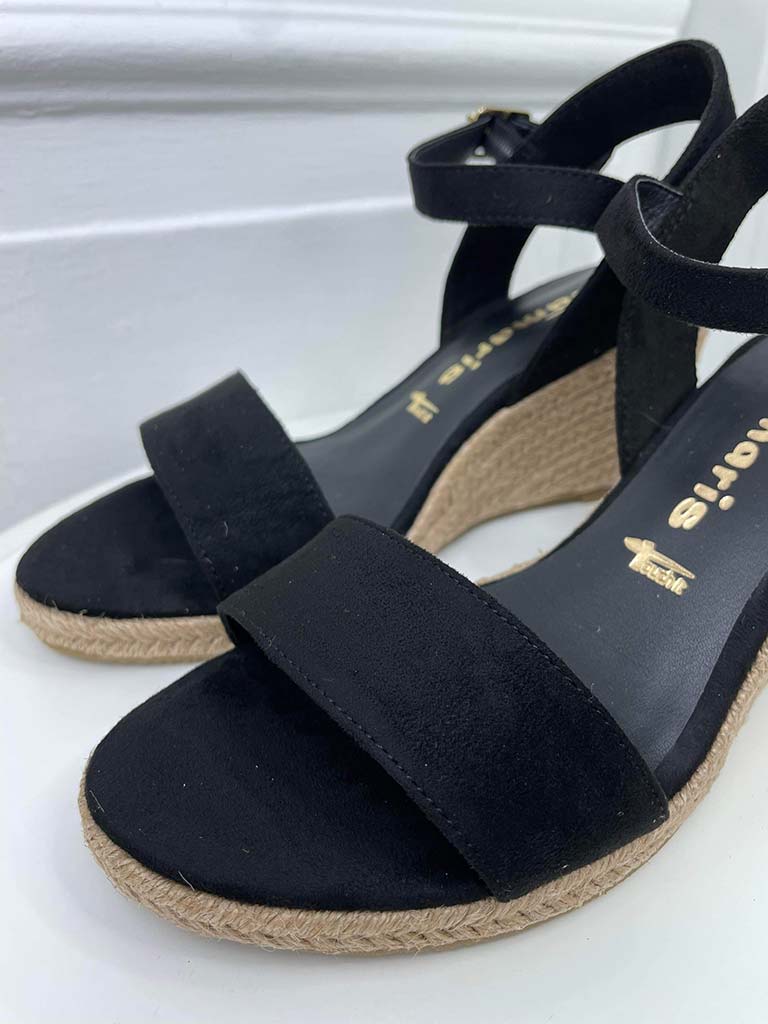 Tamaris black wedge espadrille sandals.