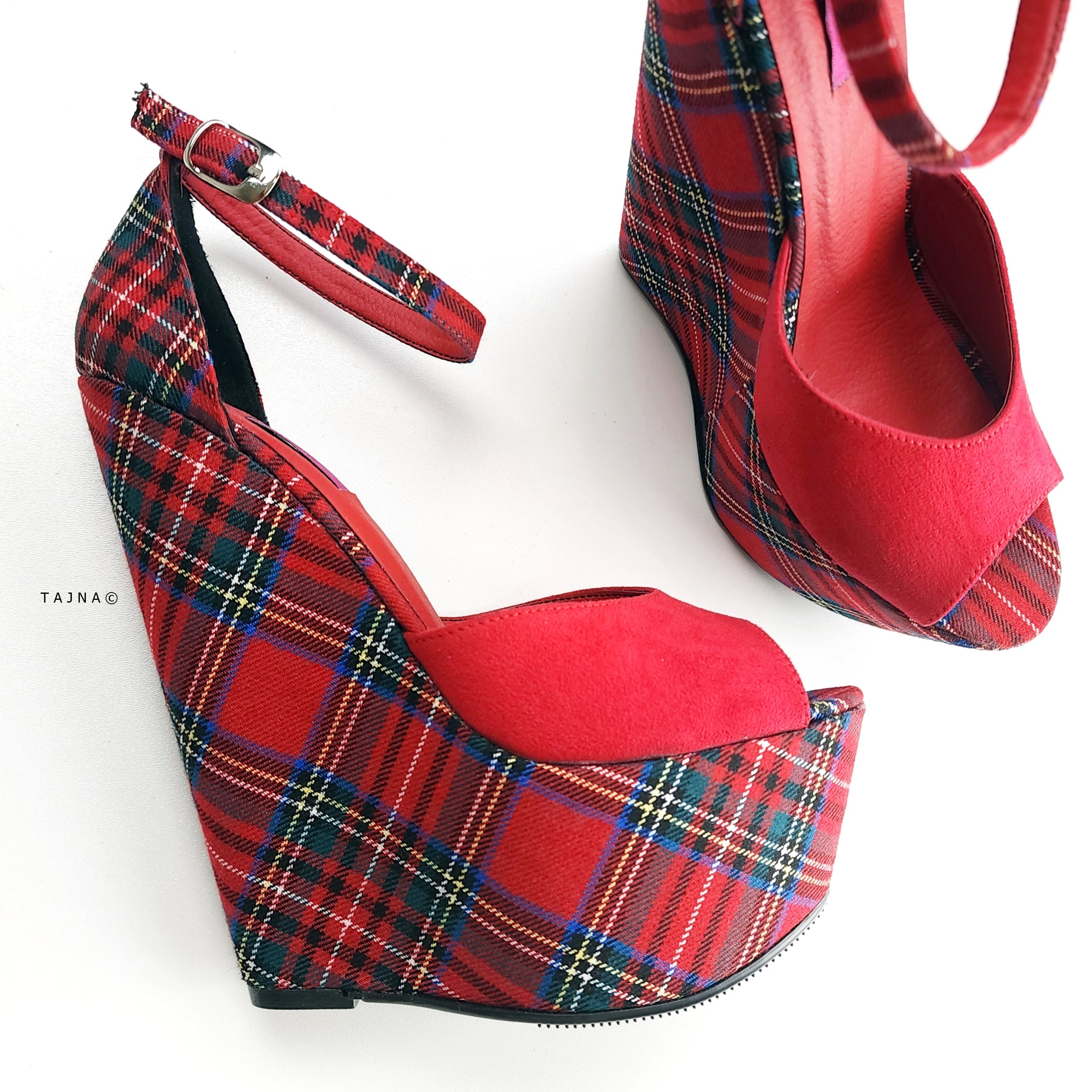 Tartan Red Suede Wedge Sandals with Ankle Strap