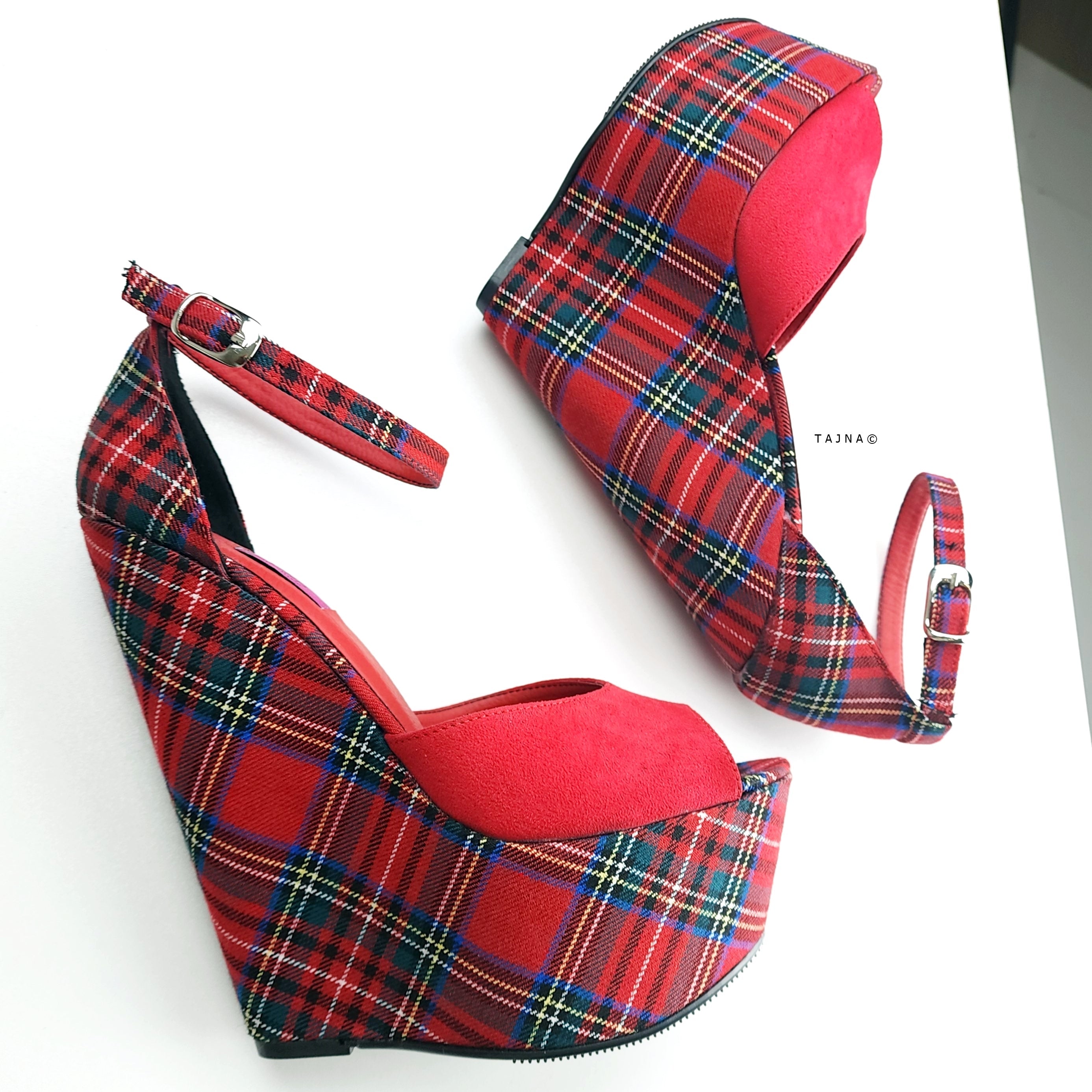 Tartan Red Suede Wedge Sandals with Ankle Strap