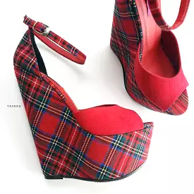 Tartan Red Suede Wedge Sandals with Ankle Strap