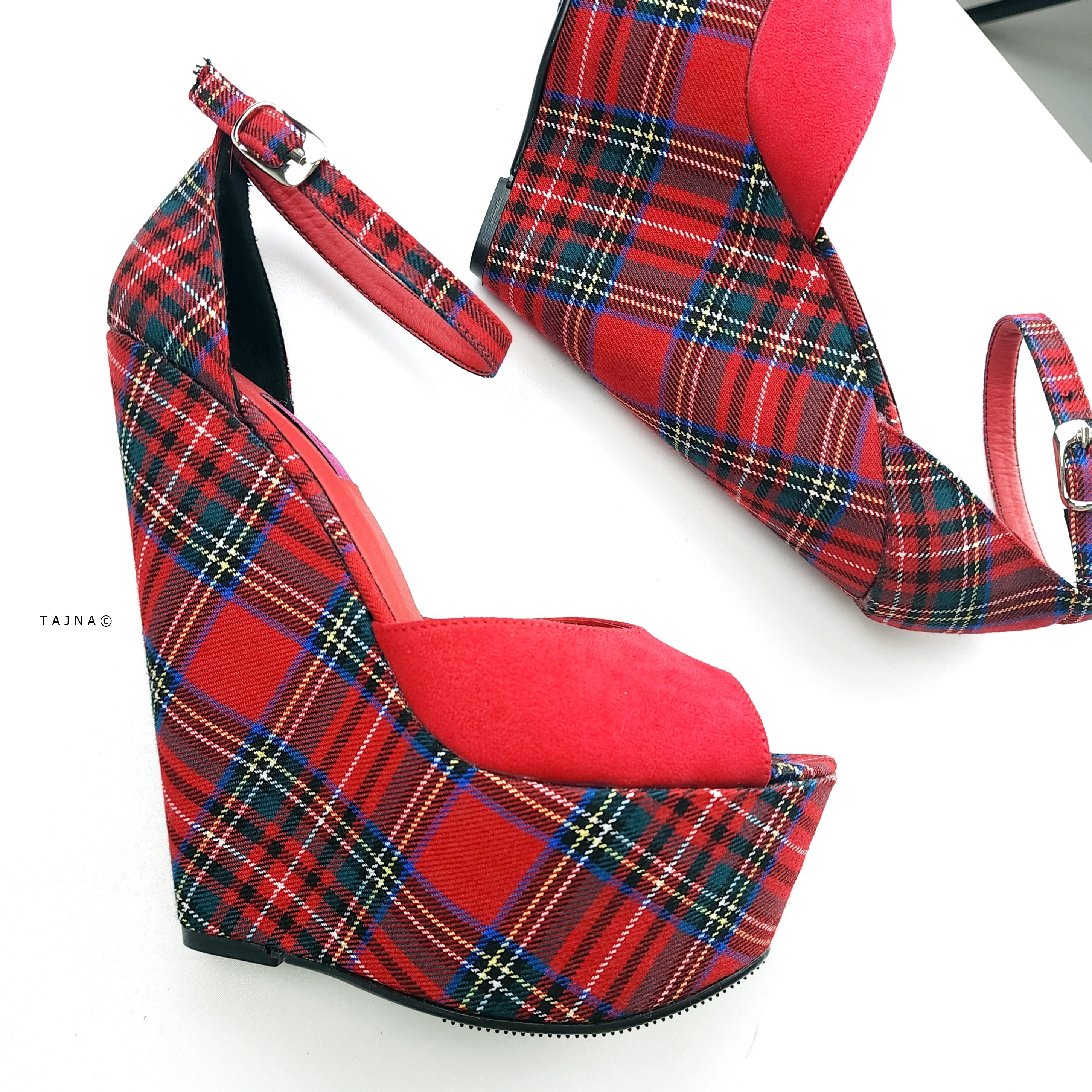 Tartan Red Suede Wedge Sandals with Ankle Strap