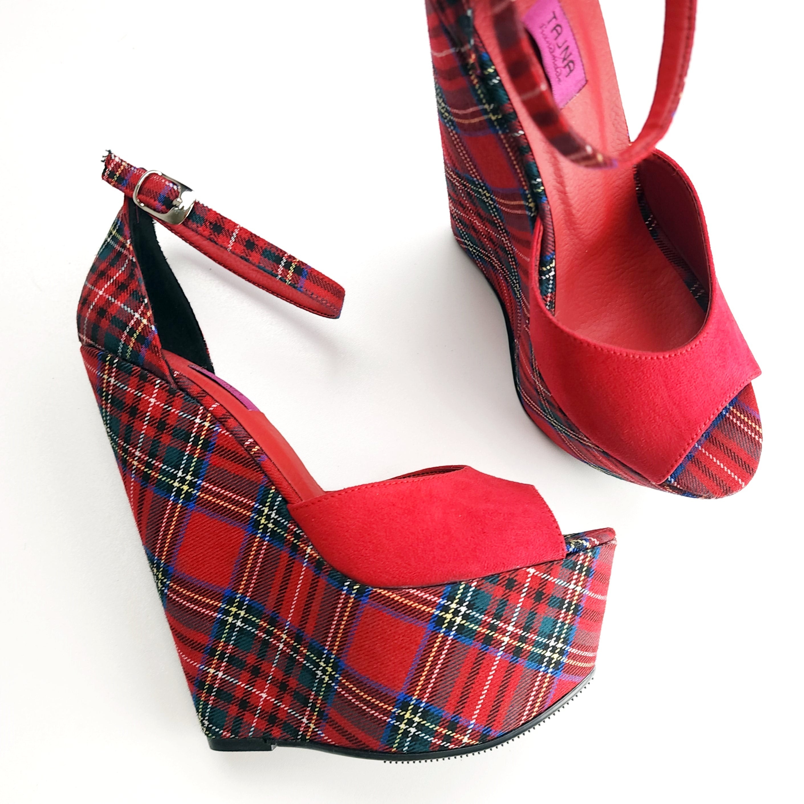 Tartan Red Suede Wedge Sandals with Ankle Strap