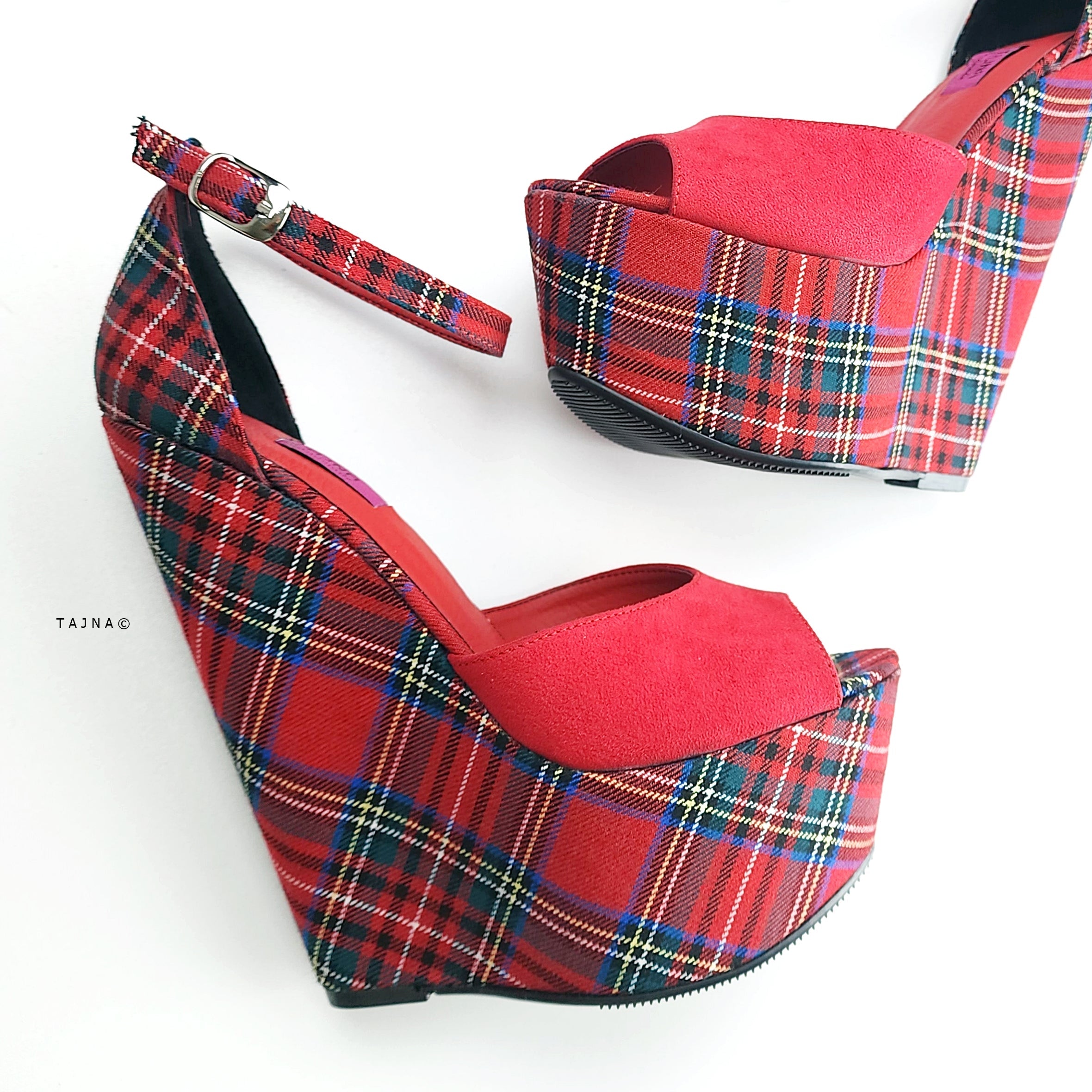 Tartan Red Suede Wedge Sandals with Ankle Strap