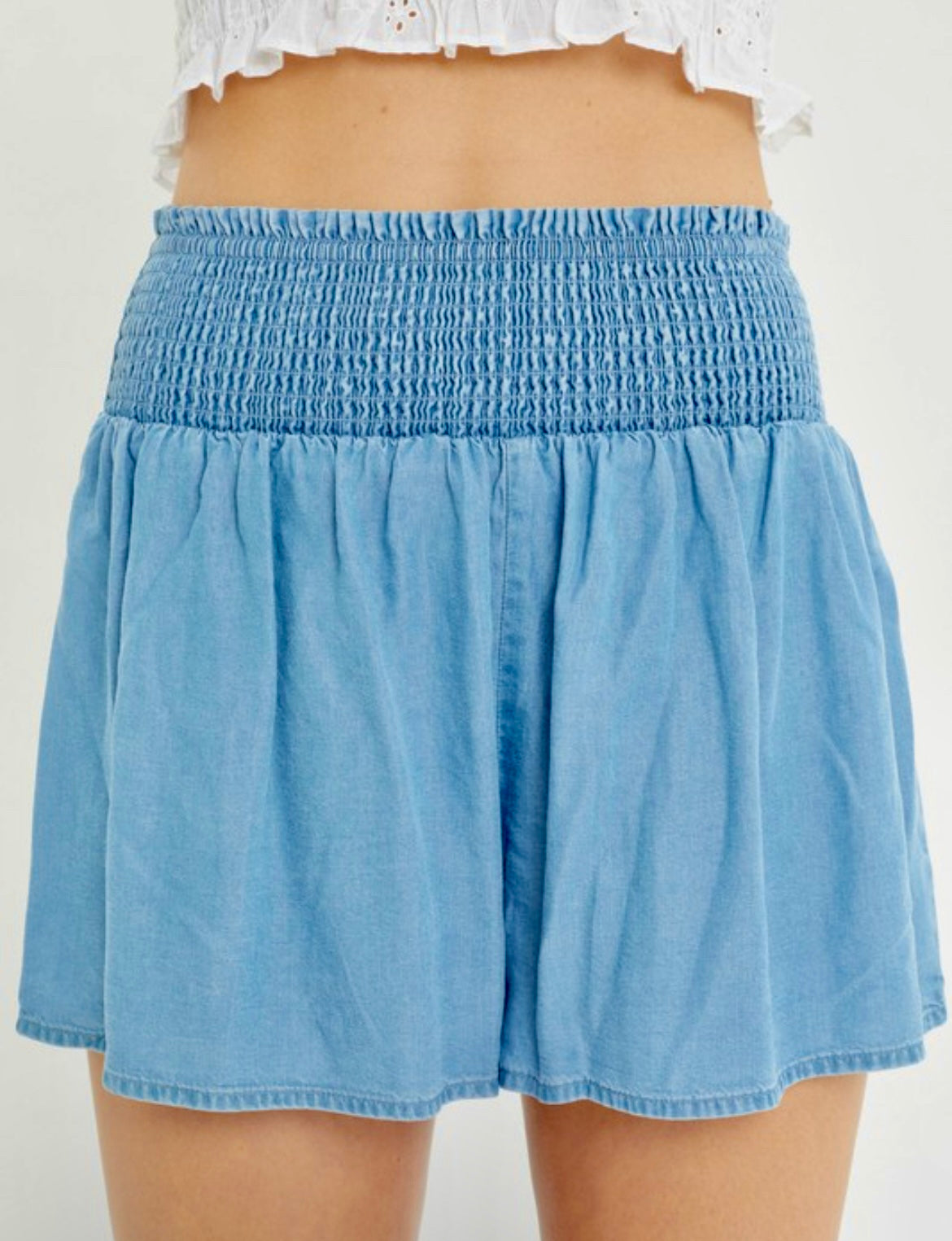 Tencel shorts, smocked waist, blue - Buy now!