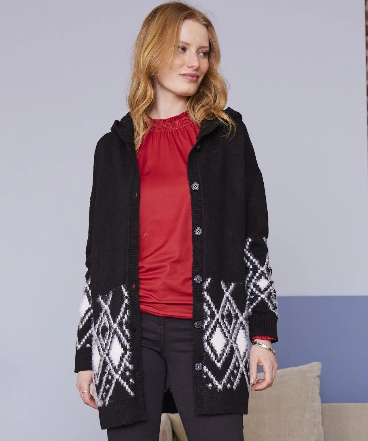 Toasty Thermal Jacquard Hooded Cardigan