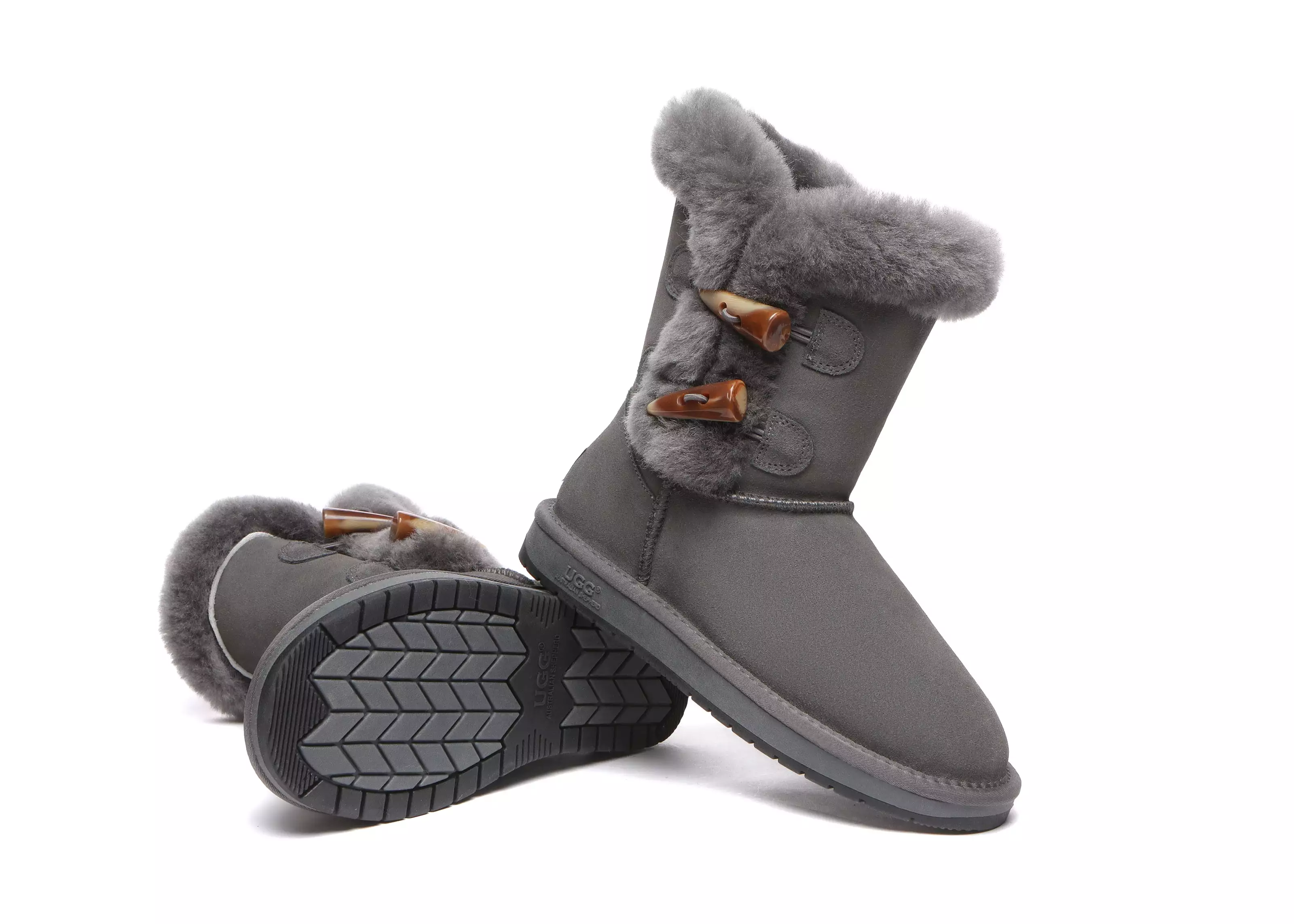 UGG Australian Shepherd Short Boots Talia, Twin Face Sheepskin, Double Horn Toggle Closure.