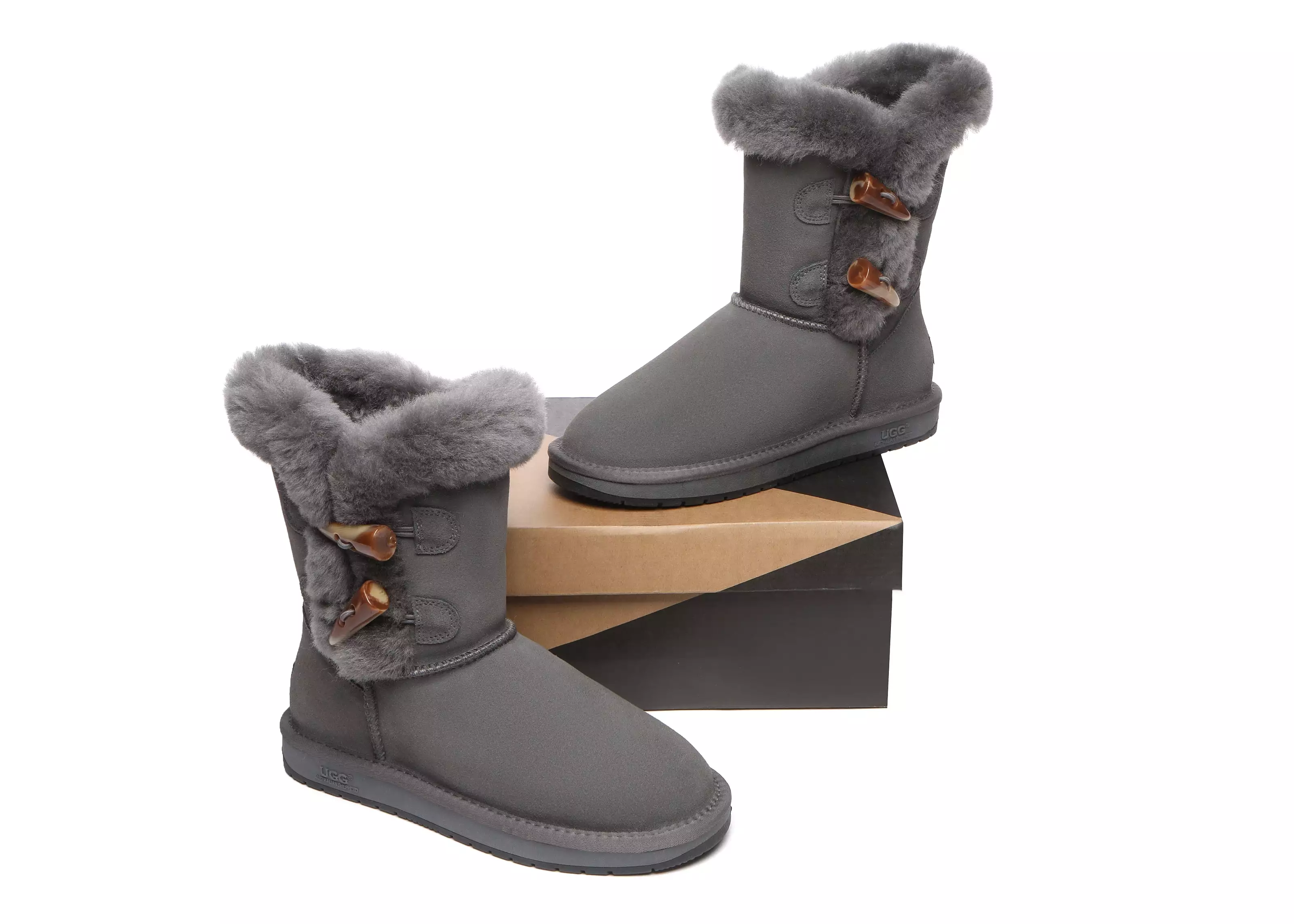 UGG Australian Shepherd Short Boots Talia, Twin Face Sheepskin, Double Horn Toggle Closure.