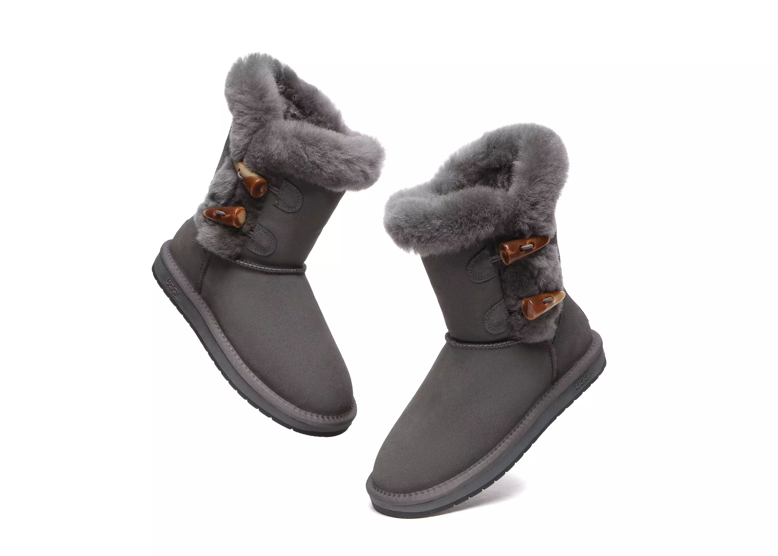 UGG Australian Shepherd Short Boots Talia, Twin Face Sheepskin, Double Horn Toggle Closure.