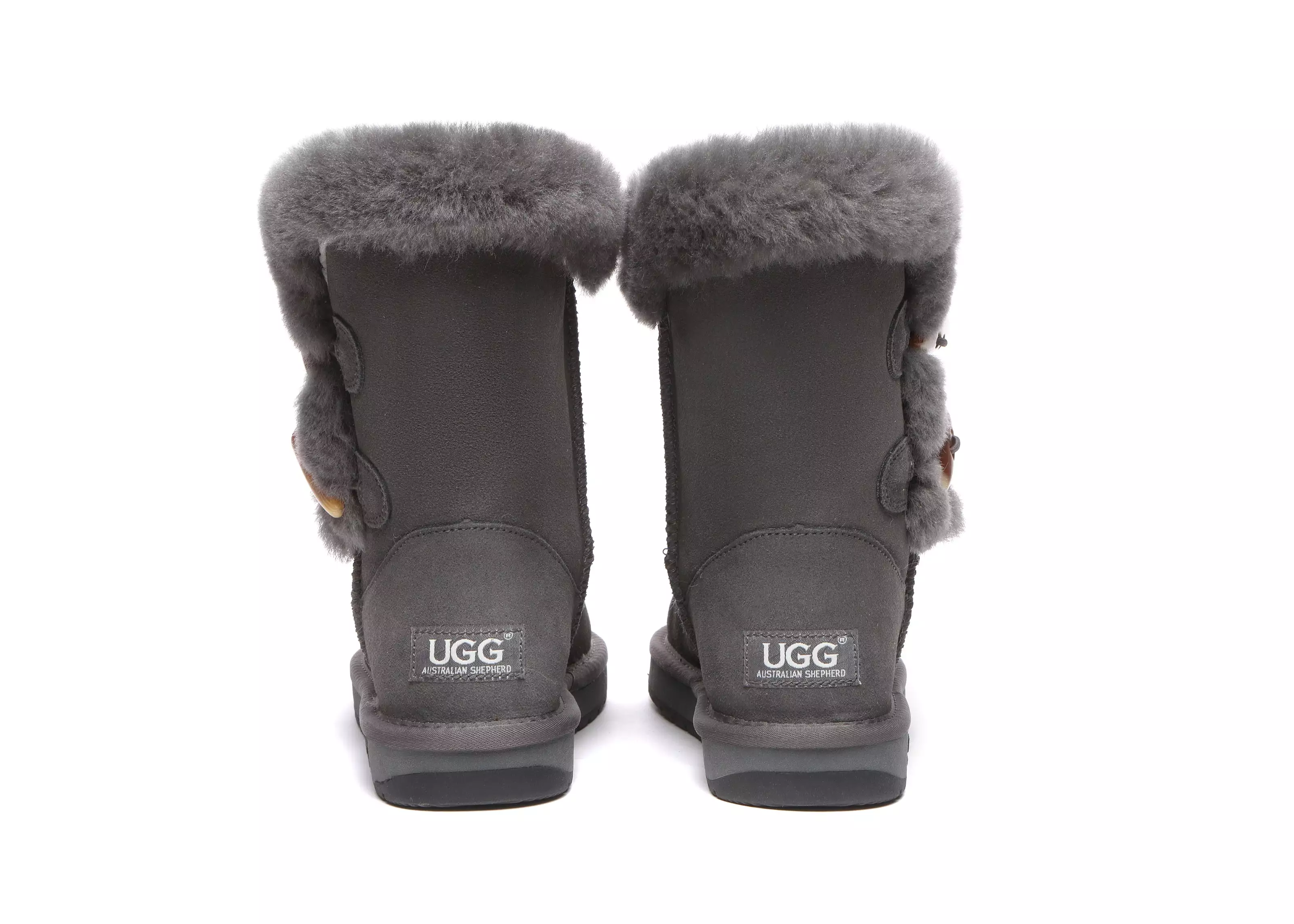 UGG Australian Shepherd Short Boots Talia, Twin Face Sheepskin, Double Horn Toggle Closure.