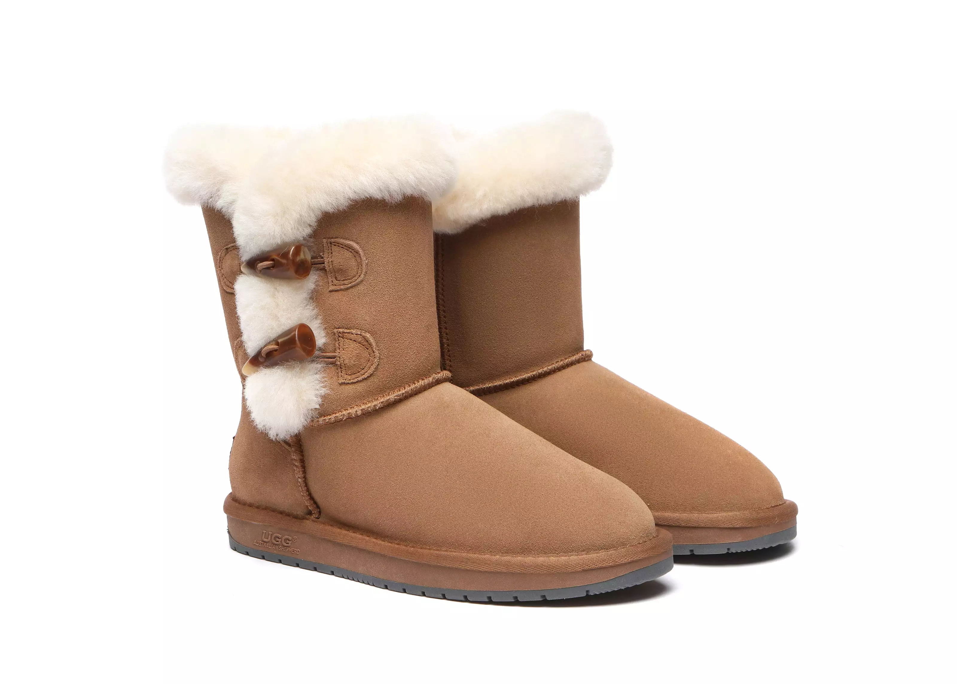 UGG Australian Shepherd Short Boots Talia, Twin Face Sheepskin, Double Horn Toggle Closure.