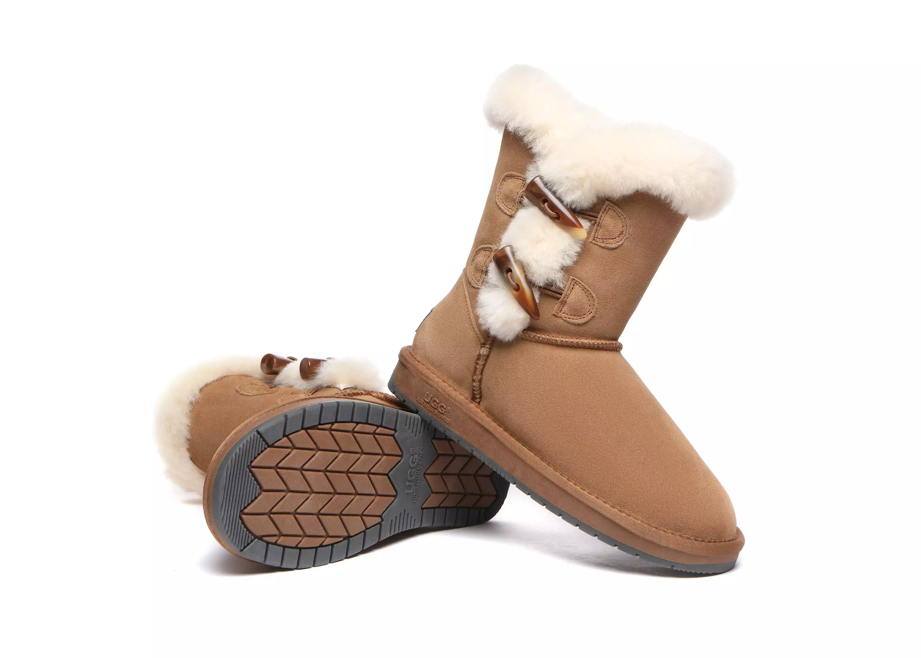 UGG Australian Shepherd Short Boots Talia, Twin Face Sheepskin, Double Horn Toggle Closure.